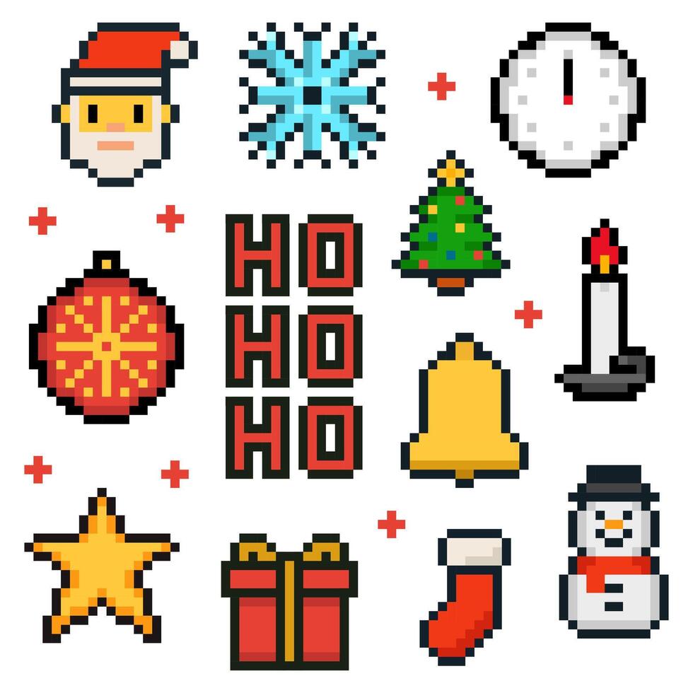 Pixel art Christmas and New Year icons set in 8 bit retro style vector
