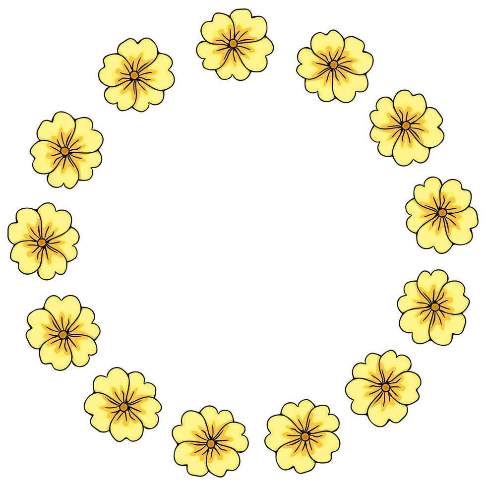 A charming frame composed of bright yellow primrose flowers with intricate petal details, arranged in a circular composition against a clean white background. vector