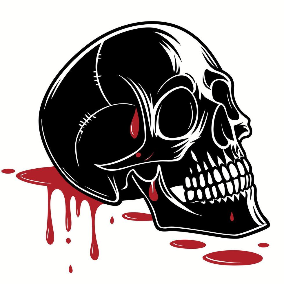 Black glossy skull with realistic teeth and dripping red paint against white background. creating vector