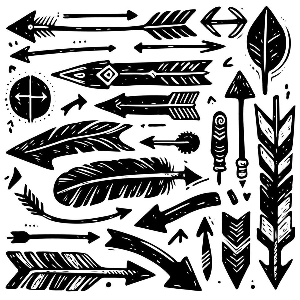 various elements Hand Drawn Doodle icon arrows And cursor Illustration In Engraving Style, scribble, strokes. Black And White Seamless Sketchy arrow Elements, Line art, Pattern Sketch Style Isolated vector