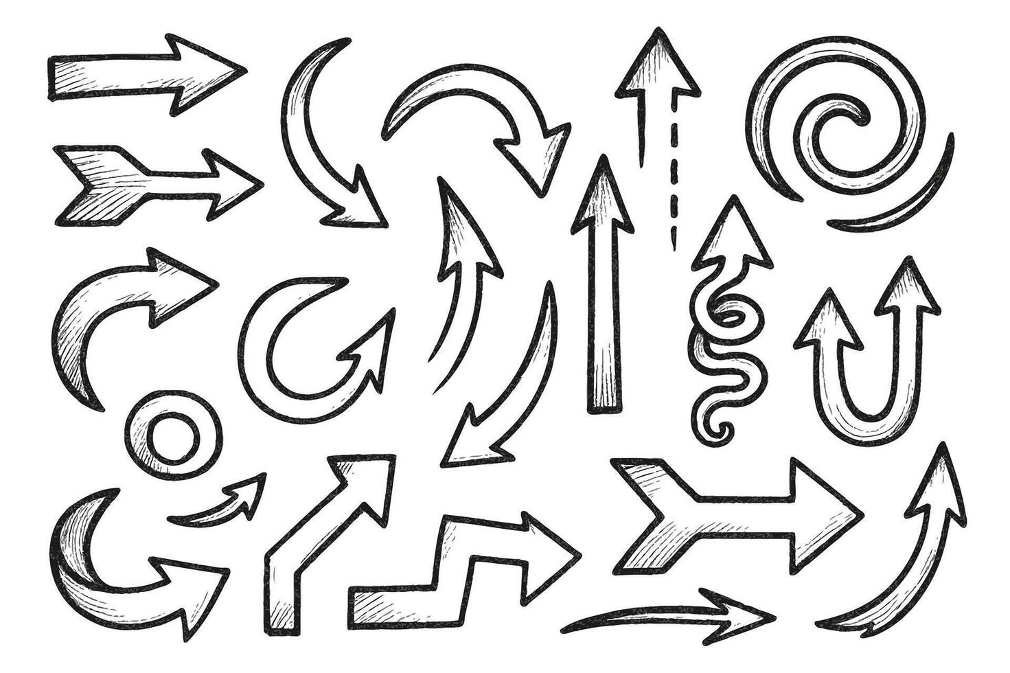 Stylized Black And White Seamless arrow Elements, Line art, Pattern Sketch Style Isolated. Set Hand Drawn Doodle icon arrows And cursor Illustration In Engraving Style, scribble, strokes vector