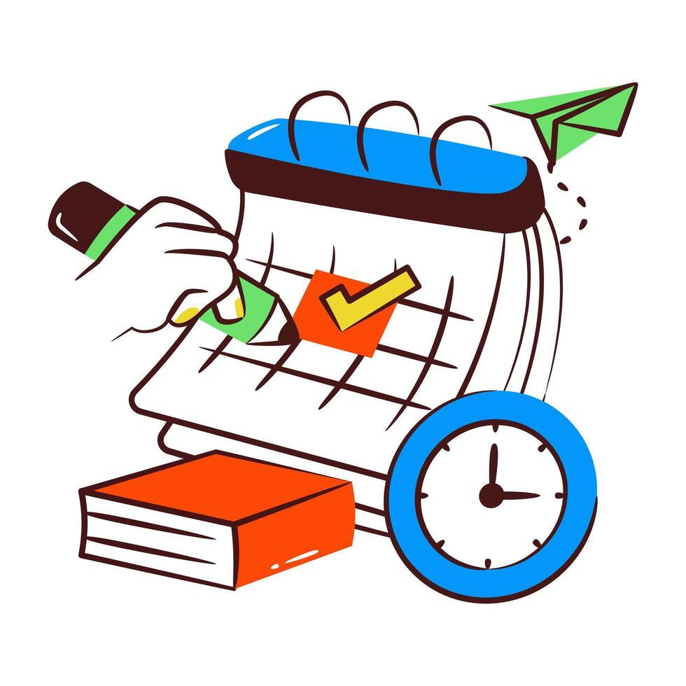 Calendar with book and clock, icon of study timetable vector