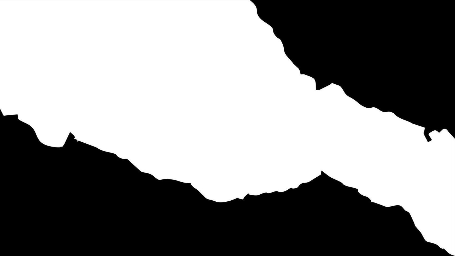 White torn paper hole on a black background. Abstract diagonal paper cut frame with jagged, rocky edges. Grunge texture template. vector