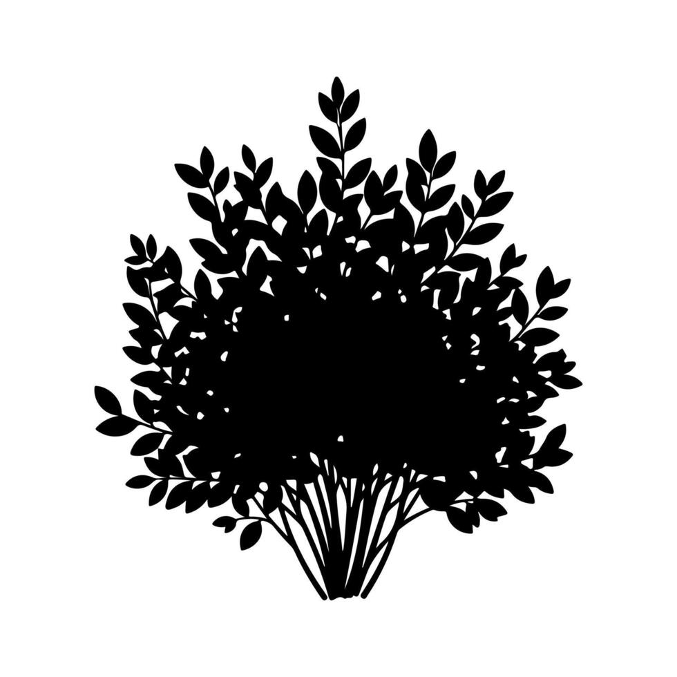 Silhouette of a dense shrub with leaves and branches, rendered in black on a white background vector