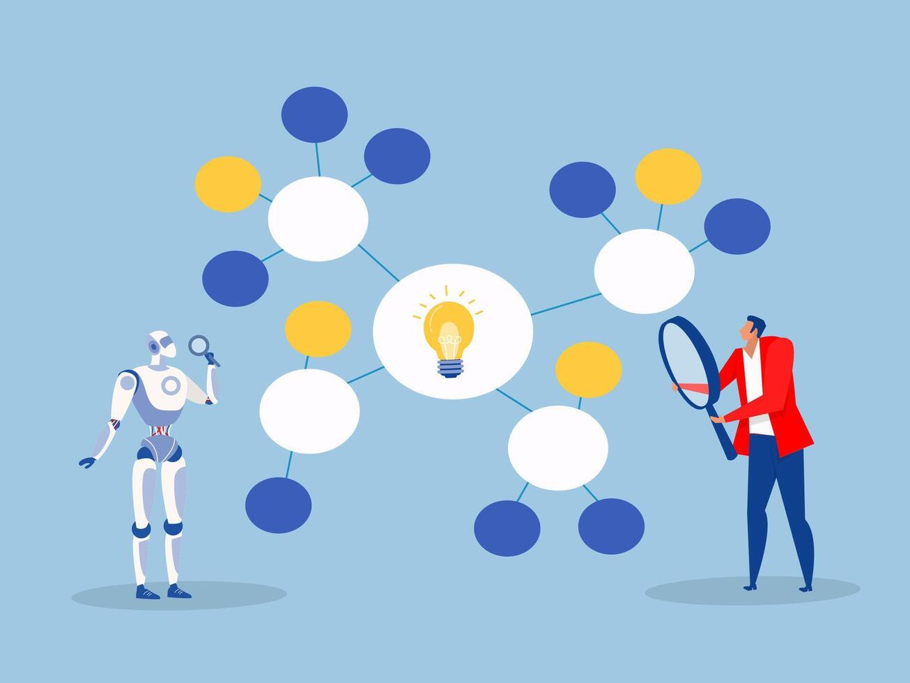 business people with Robot writing mind map diagram for easy understand.Mind map diagram for idea research, plan or thinking for solution to solve problem decision making concept vector