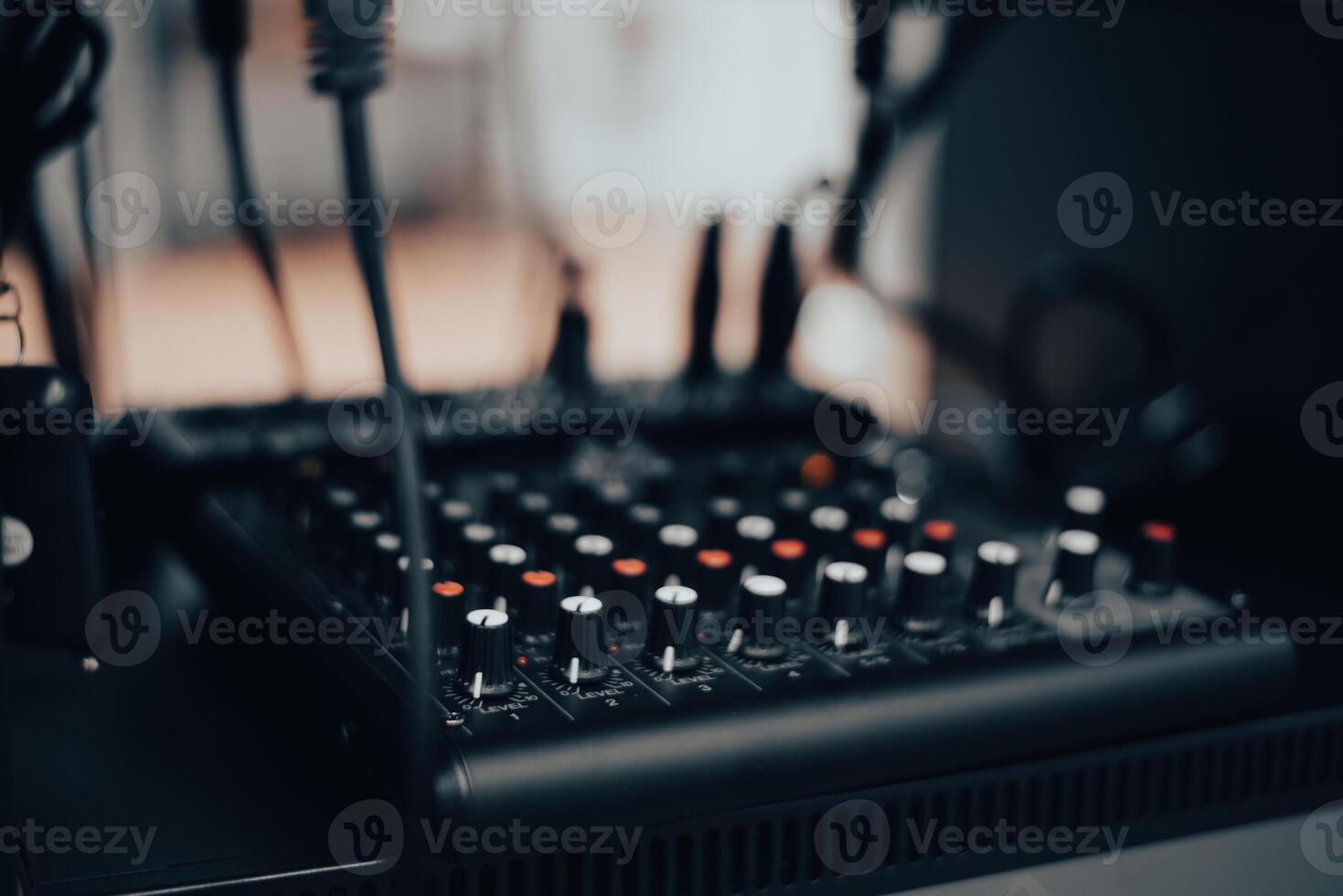 Mixing consoles are devices for creating high-quality sound. control of sound sources at concerts and holidays. Audio channel strips and frequency and volume control sections. High quality photo