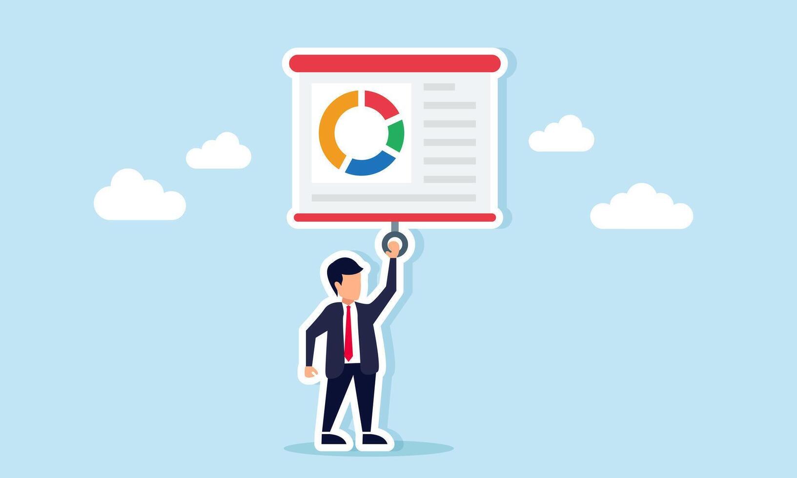 Businessman pulling projector screen displaying data chart illustration of business planning presentation vector