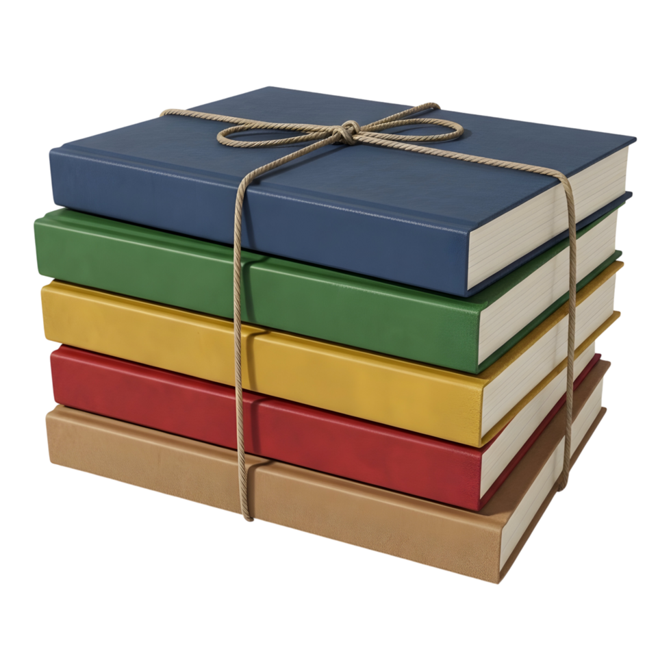 Stack of five colorful books tied with rustic twine, ready for learning and exploration png