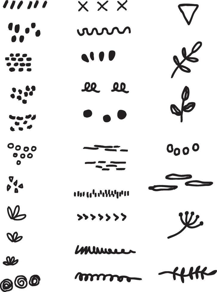 Large collection of small doodle patterns including arrows, lines, crosses, shapes, and marks. Great for backgrounds, packaging, and creative projects vector