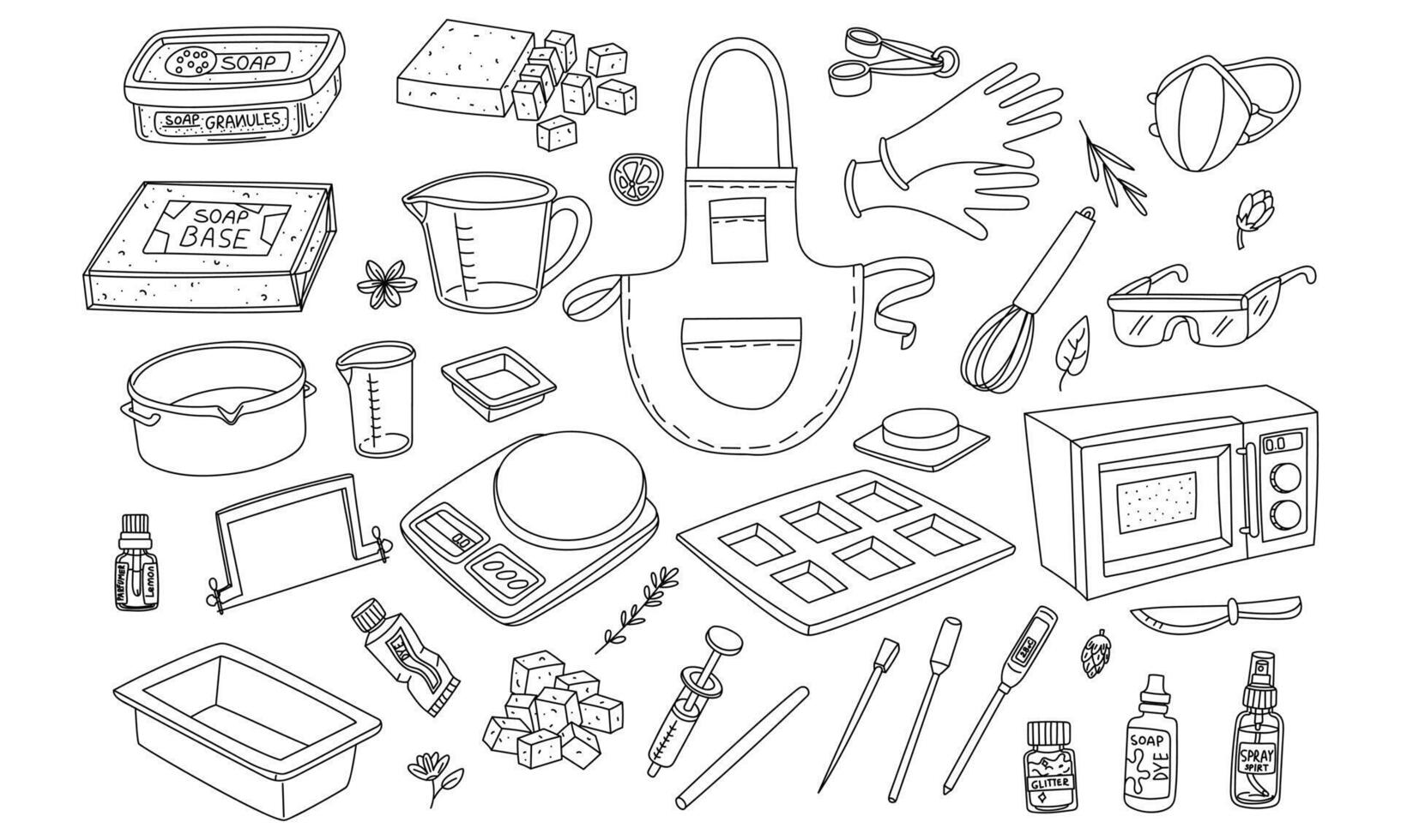 Detailed set of tools for soap making in a doodle style. Items for the making process. Includes scales, molds, microwave, an apron. Perfect for crafting blogs, instruction manuals, packaging design vector