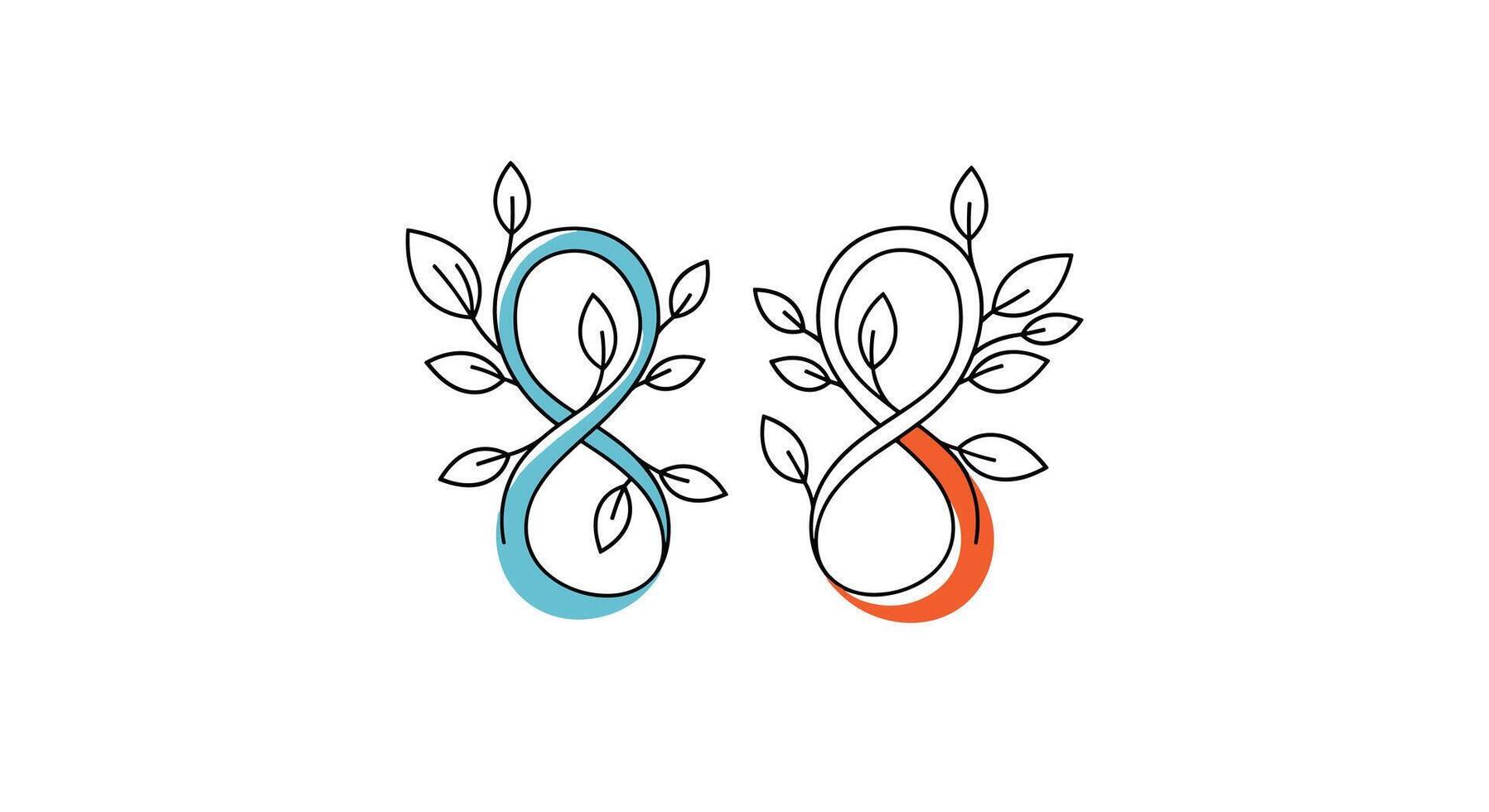 Two stylized number eight symbols adorned with leaves and branches representing nature and growth. vector
