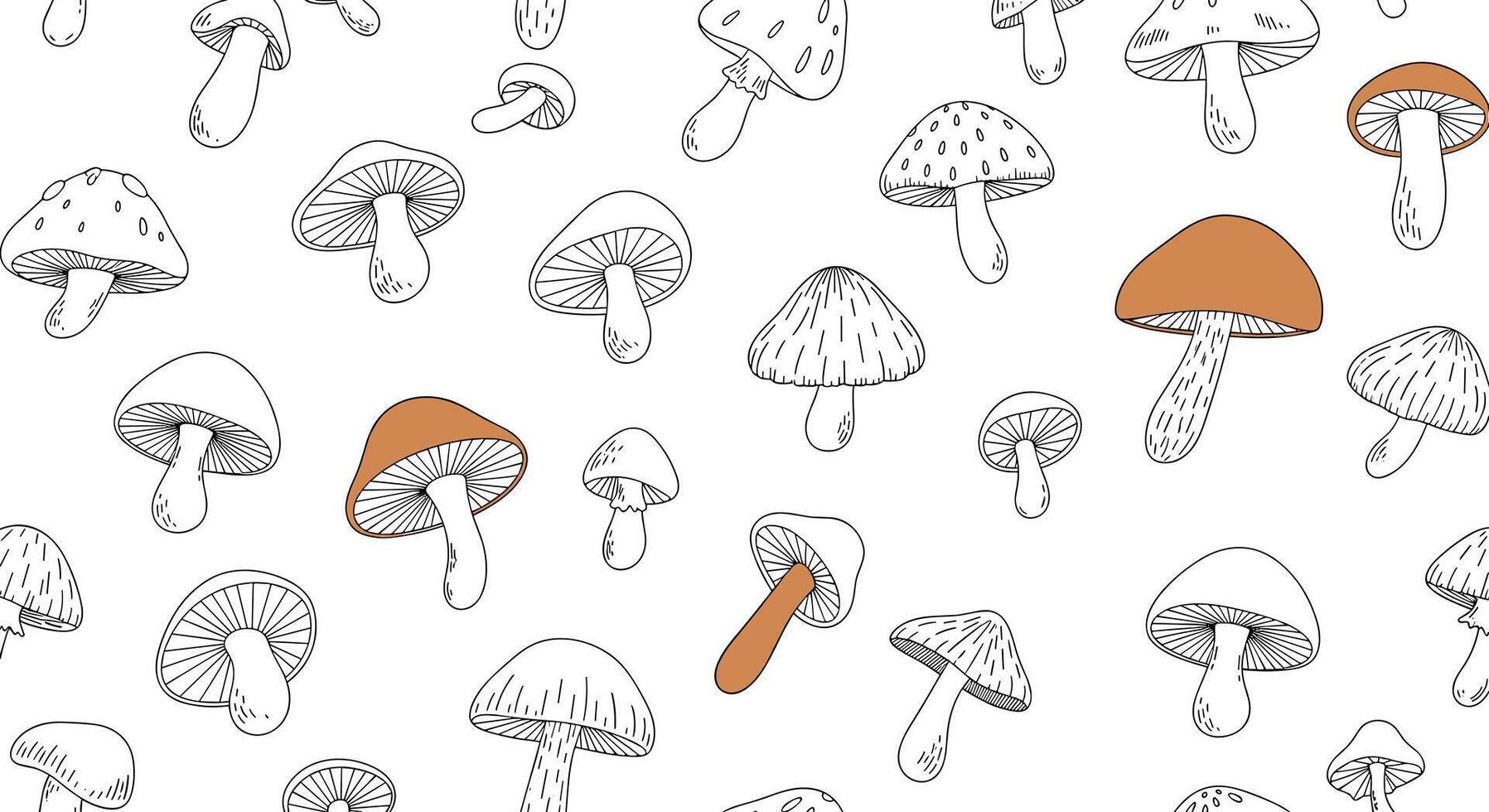 A whimsical pattern of hand drawn mushrooms in various stages of growth and color variations vector