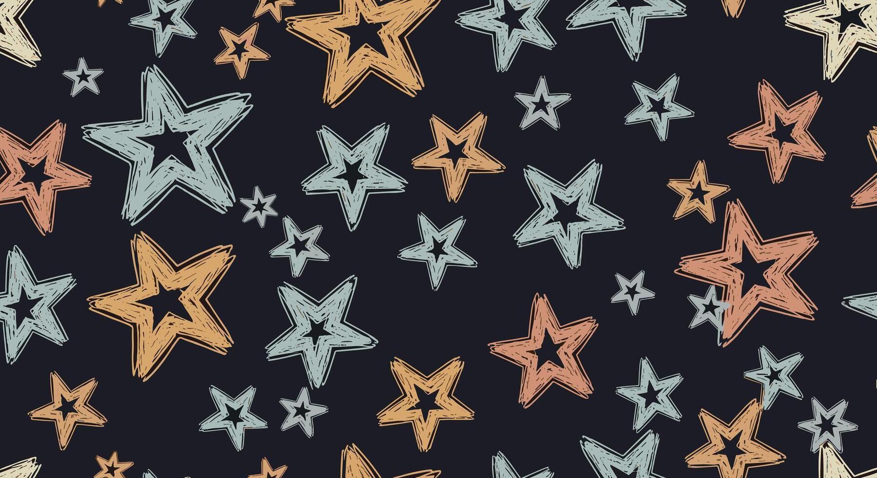 A scattered and whimsical pattern of hand-drawn stars in muted earthy tones on a dark background. vector
