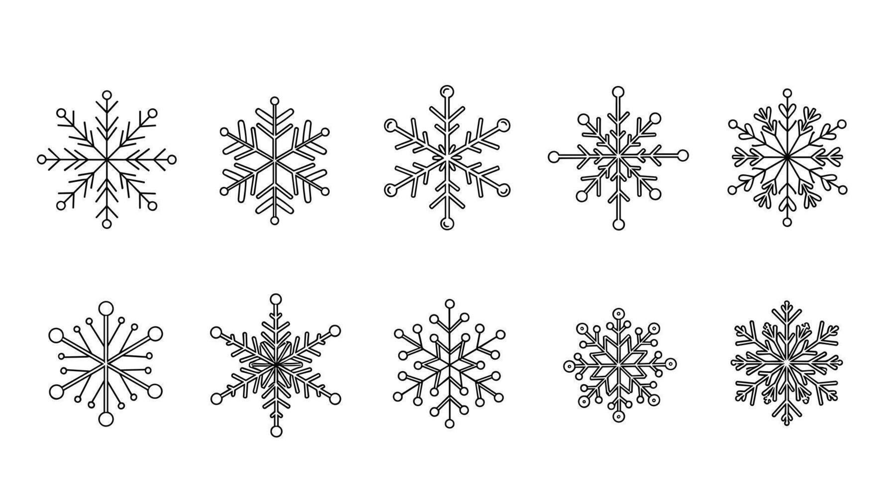 A collection of ten unique black and white snowflake illustrations each with intricate and detailed patterns on a plain background. vector