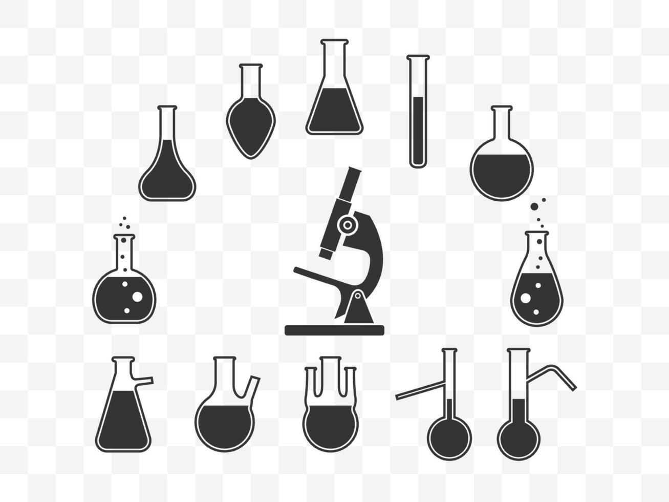Lab Microscope And Glassware Arranged Around Microscope. vector