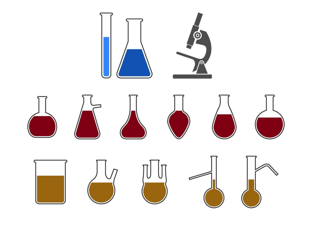 Laboratory Glassware Icon Set With Beakers Flasks Test Tubes And Microscope. vector