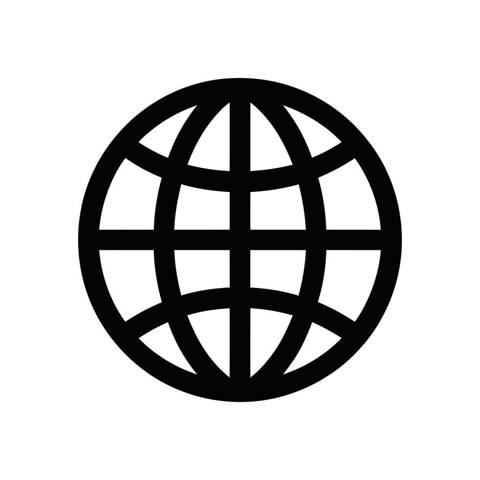 Black outline globe icon with grid lines on a white background vector
