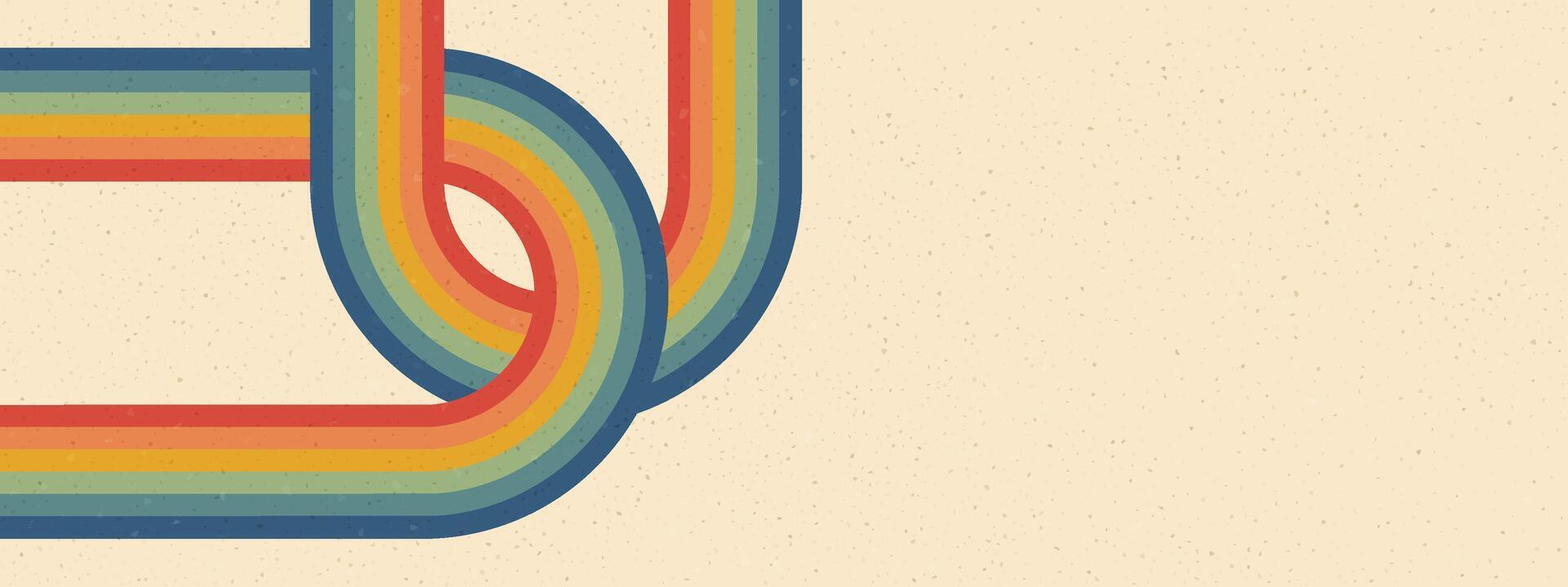 Rainbow line vintage 70s retro background with groovy interlocking paths. Wave pattern features curvy, looping bands forming geometric shapes with specks, dots, particles on textured surface. vector