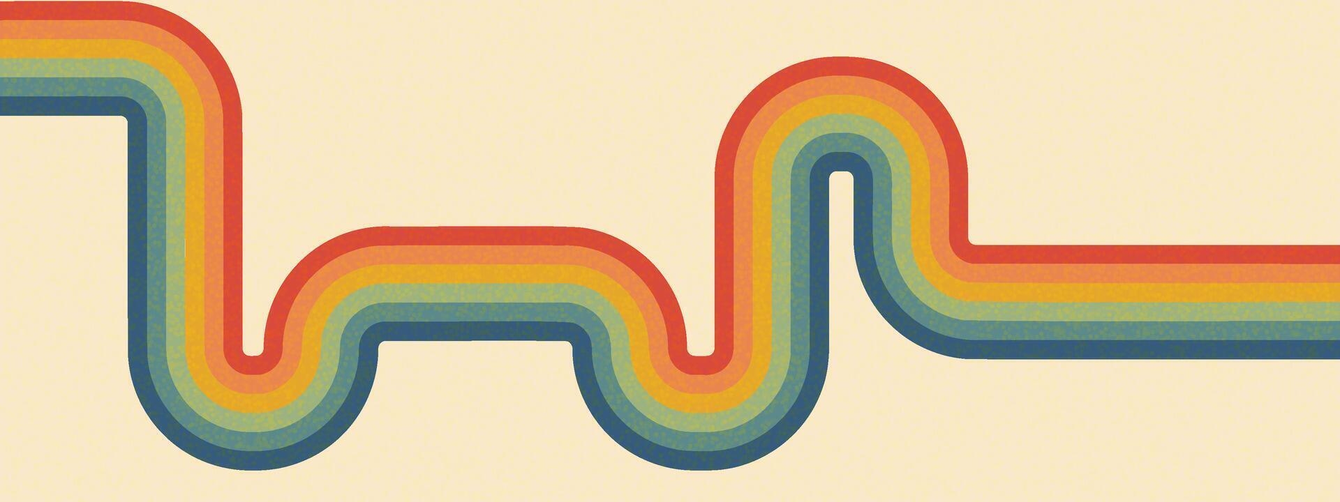 Rainbow vintage groovy retro background with curved pathways. Looping 70s inspired bands create interconnected arcs, loops, swirls across beige backdrop. pattern with wavy psychedelic stripes vector