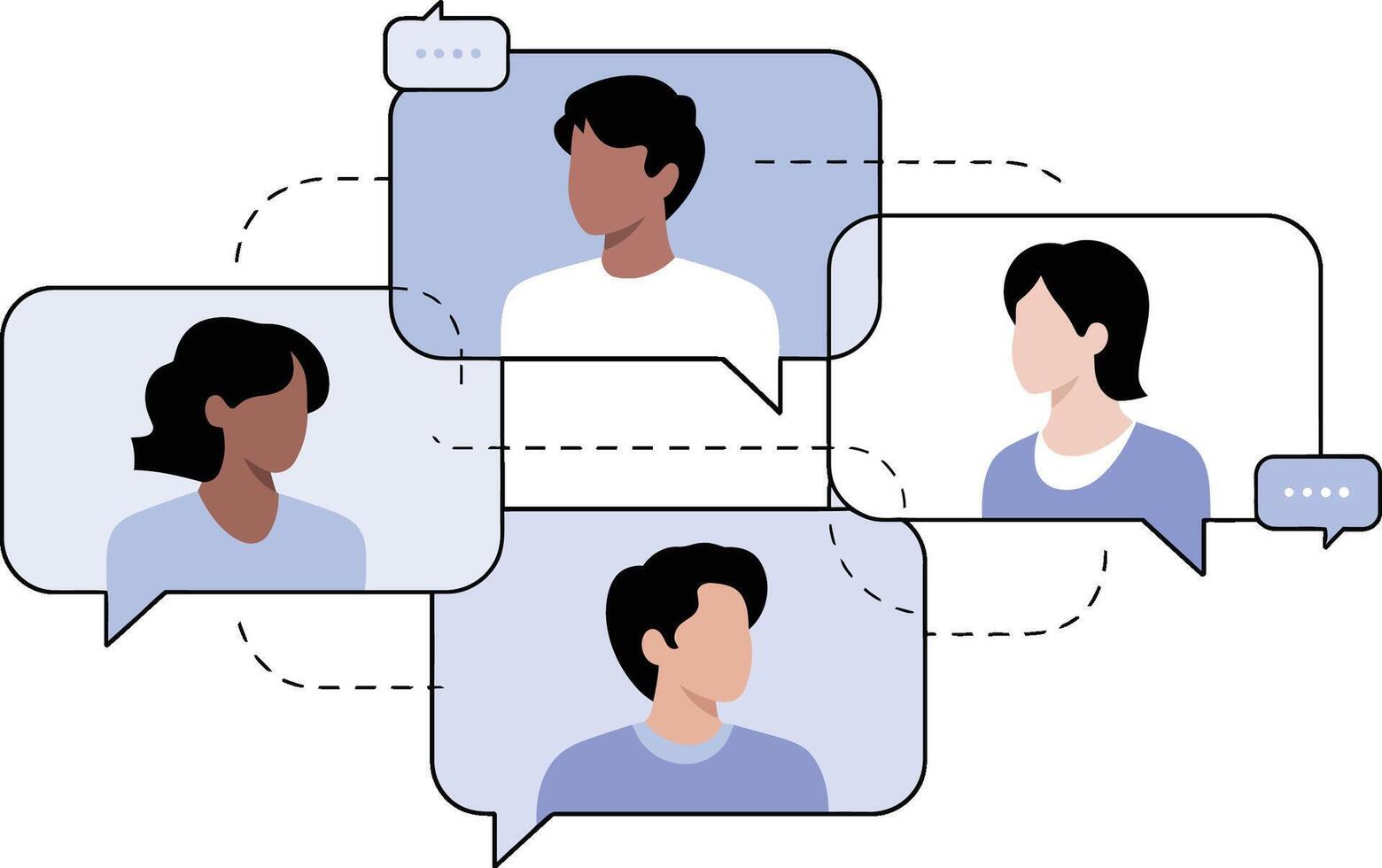 Four people communicating in chat bubbles with dashed lines vector