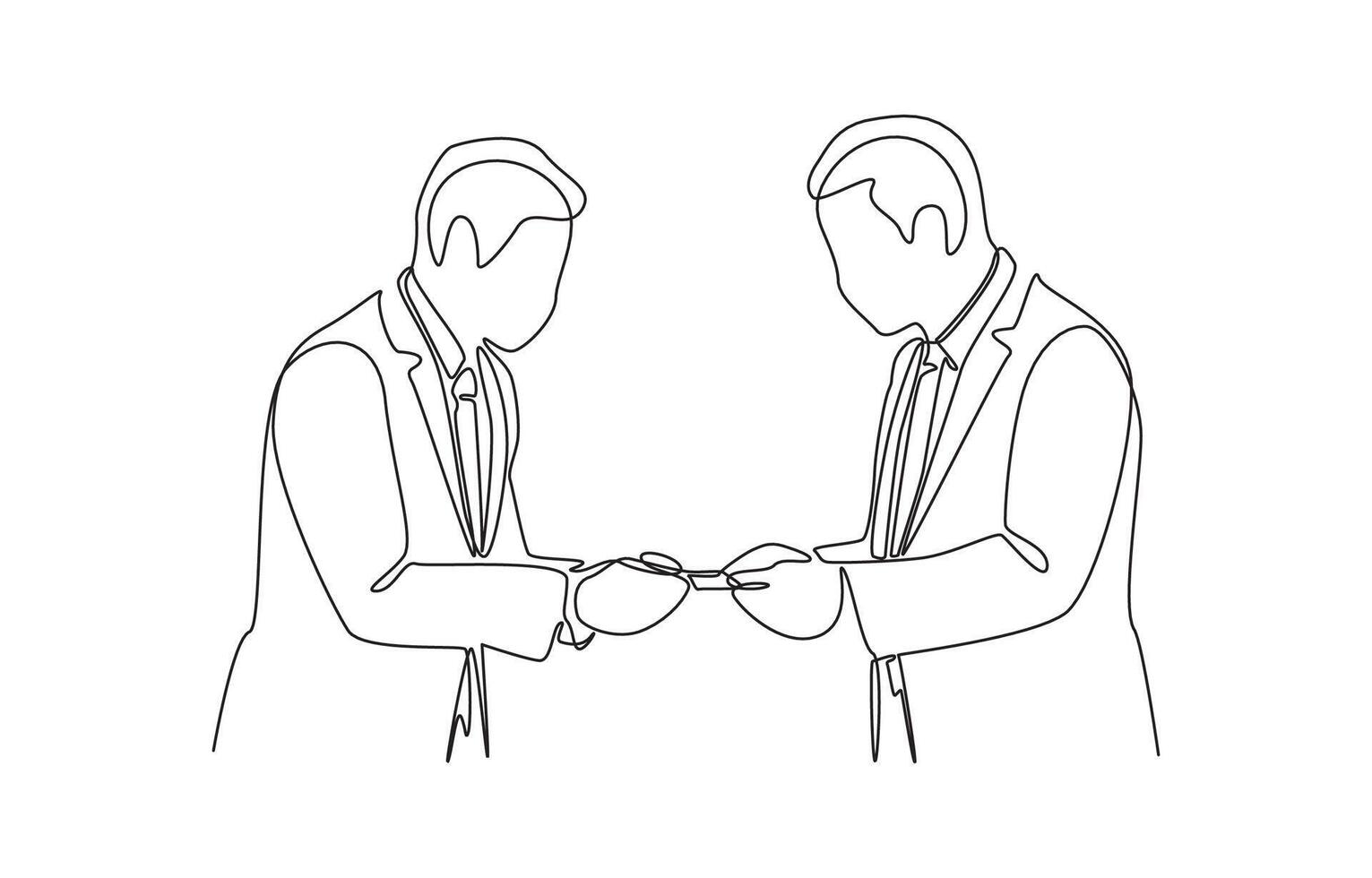 Continuous one line drawing of two businessmen exchanging business cards while bowing, symbolizing professionalism, respect, cultural etiquette, and business networking, single line art. vector