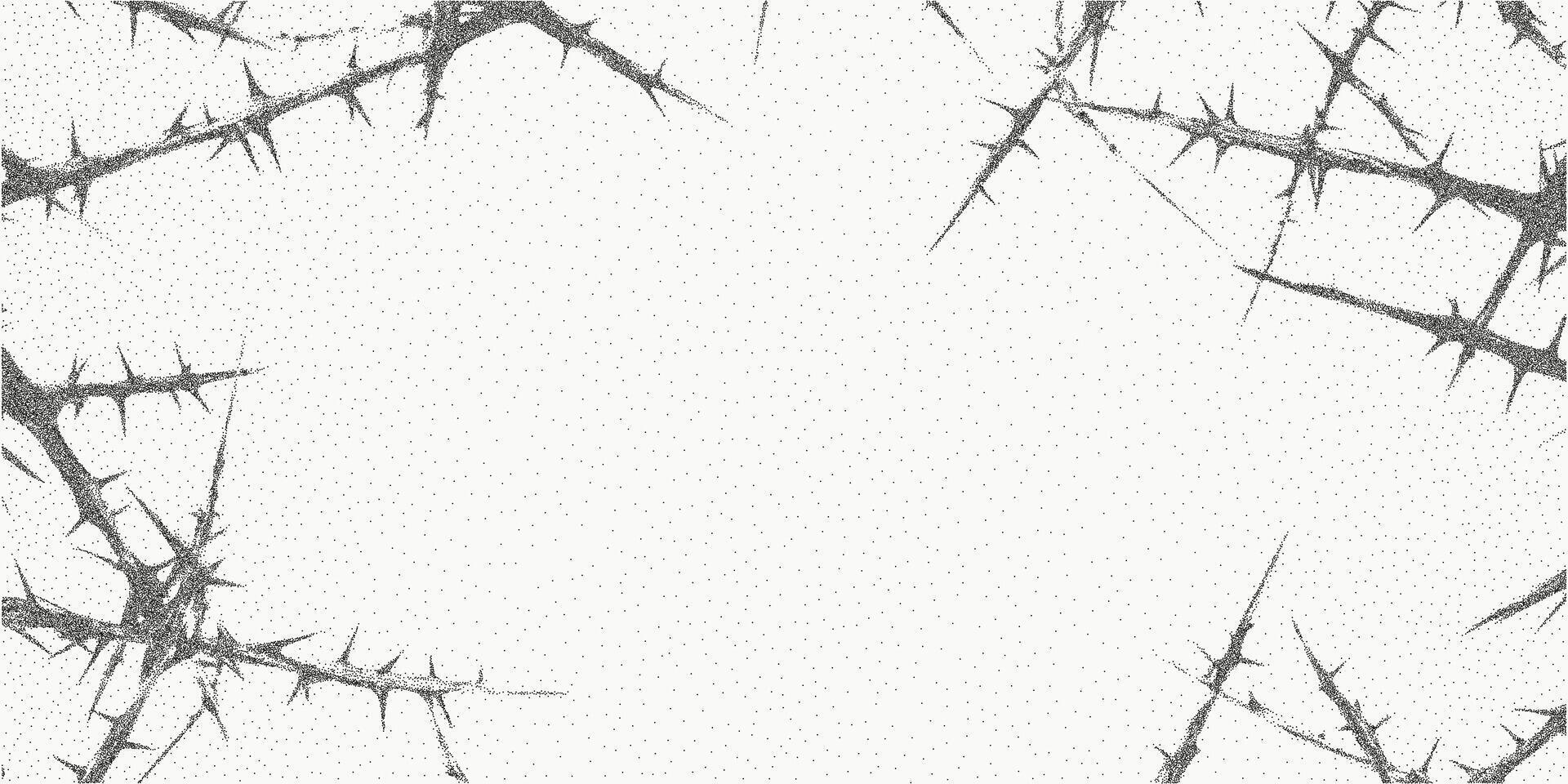 Background with blackthorn branches, empty space. Distressed shape filled with retro grit, faded grain and subtle threshold pattern. Speckled dust texture with soft ink surface. vector
