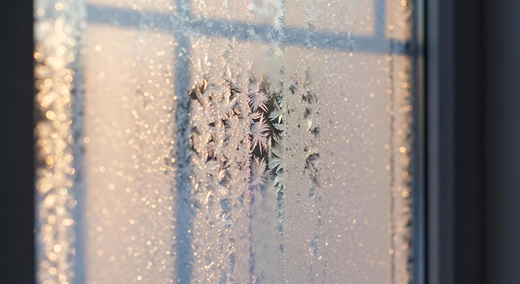 Frosted Window with Snowflake Patterns and Ice Crystals in Cold Weather Scene photo