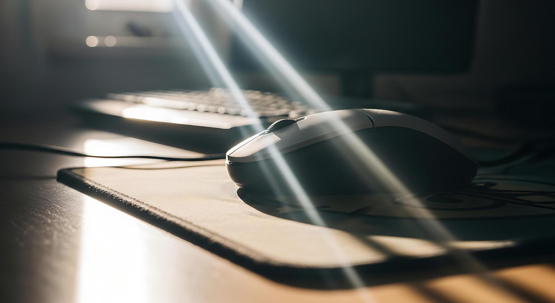 Computer Mouse and Keyboard on Desk with Sunlight Reflection in Modern Office photo