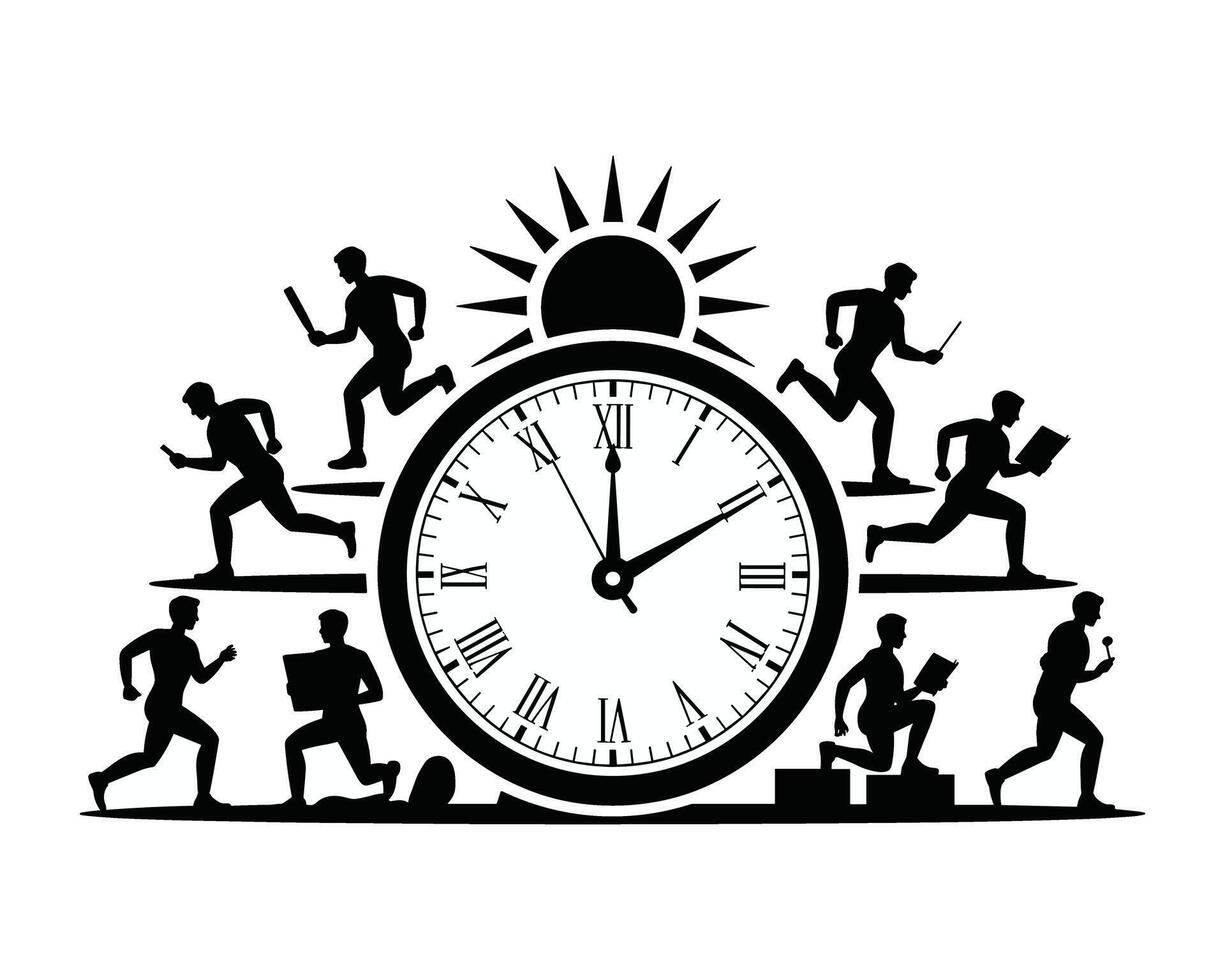 Silhouettes of people running around a large clock face with a sunburst behind it symbolizing urgency and time management vector