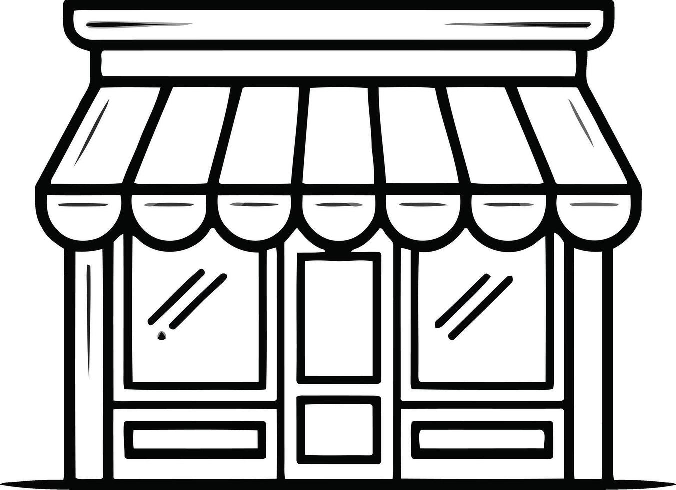 Simple line drawing of a storefront with awning and windows vector