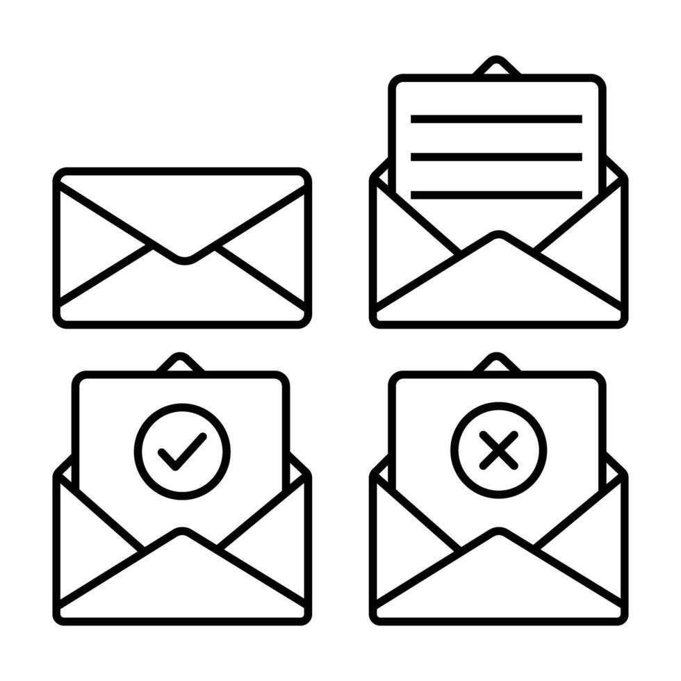 Black line icons showing different states and symbols for mail notifications with white background vector