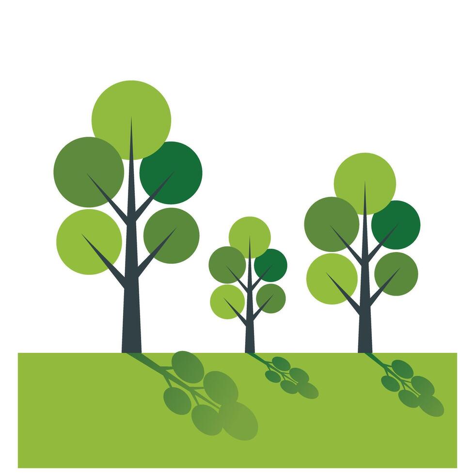 Three simplistic trees with green canopy and dark trunk sit upon a verdant lawn with shadows vector