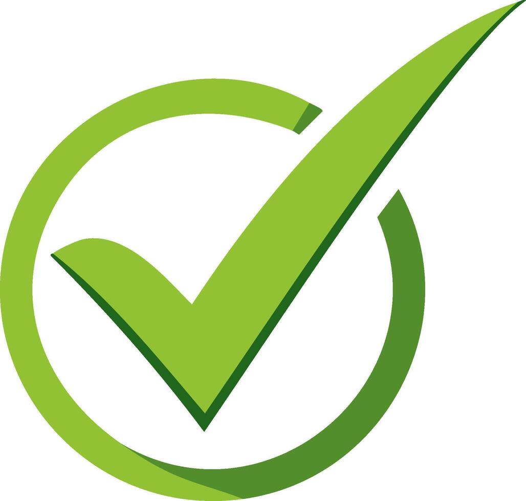 Green check mark icon inside a circle symbol for approval or verification vector