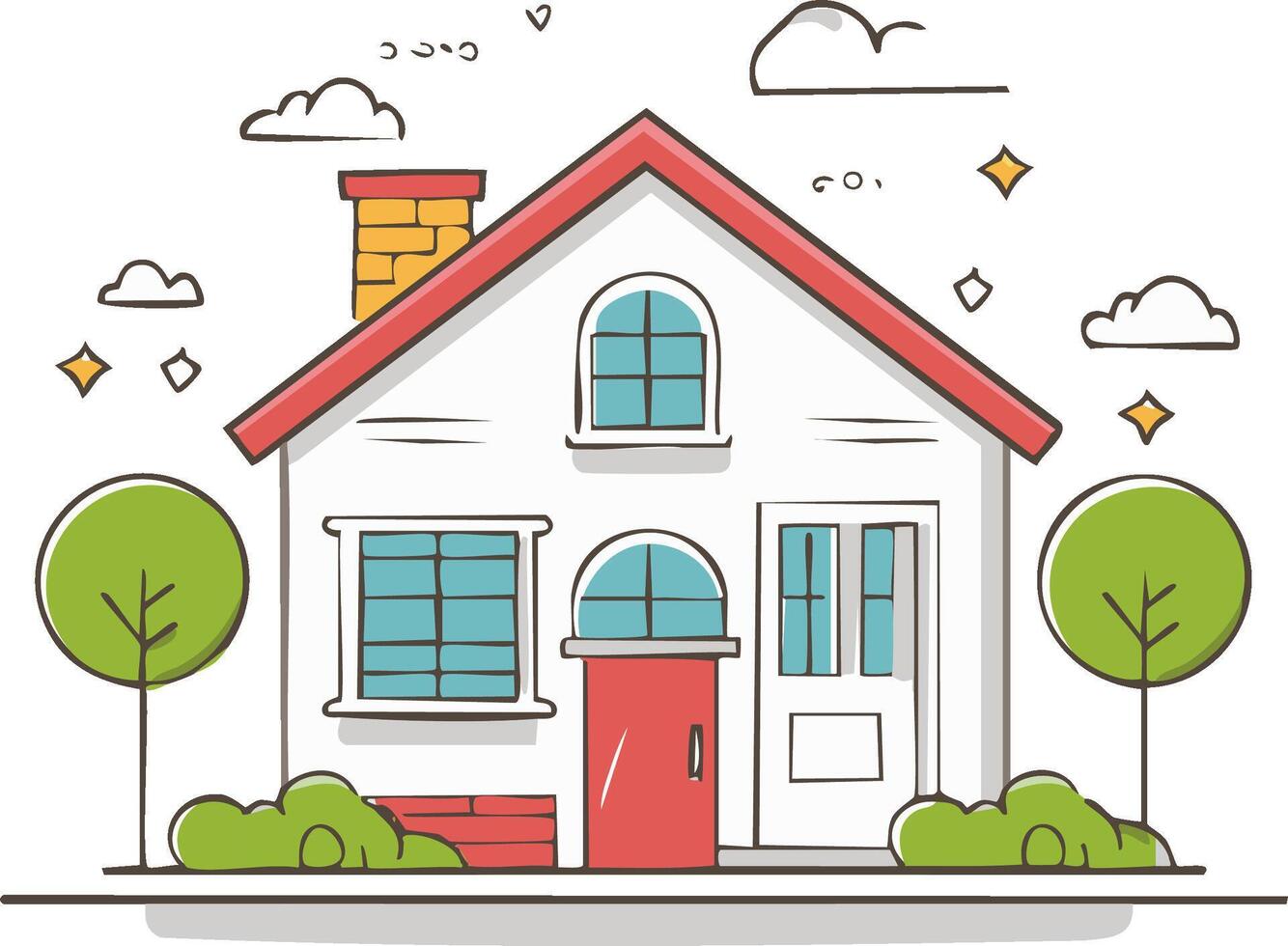 Cute Cartoon House with Trees and Clouds Simple Architecture Illustration vector