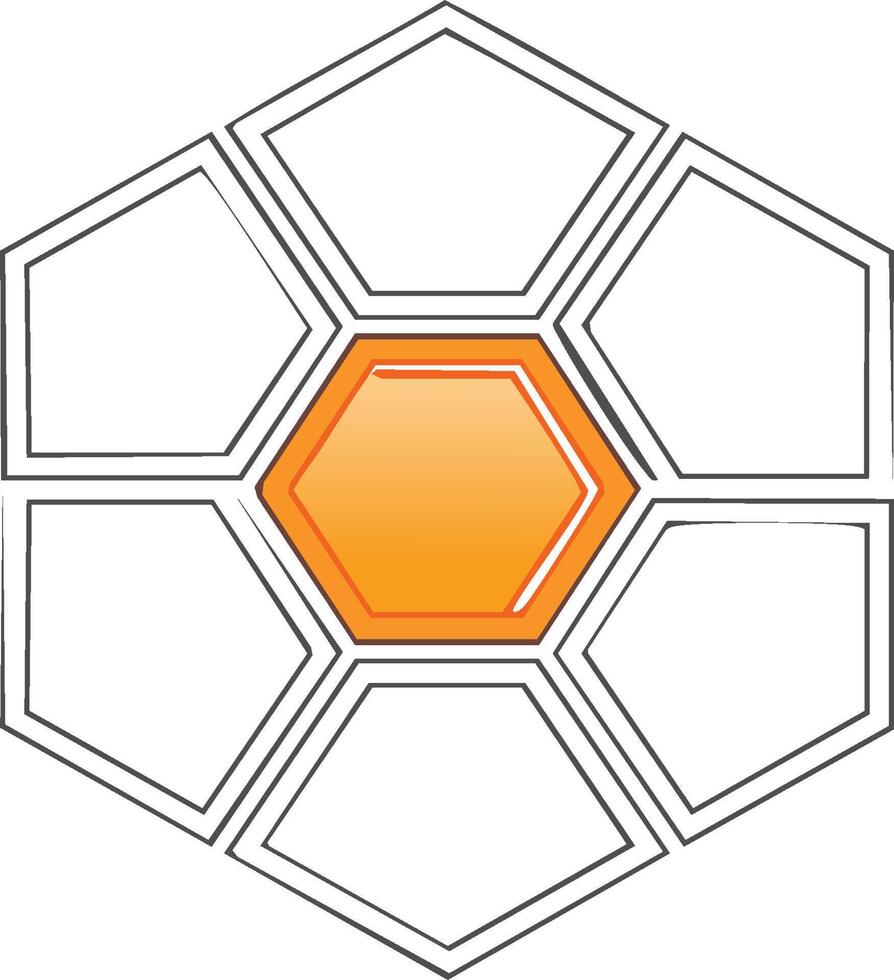 Abstract geometric pattern with bright orange glowing hexagon and outline shapes vector