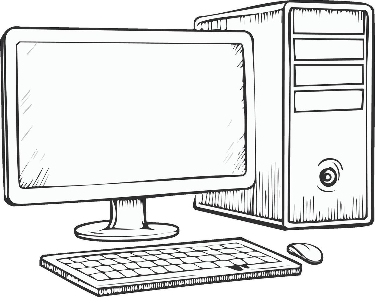 Hand drawn sketch of personal desktop computer system with monitor, CPU, keyboard, mouse vector