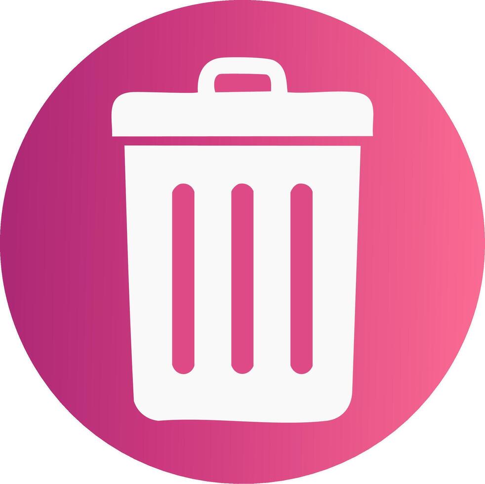 Minimalist white trash can icon in vibrant pink gradient circle. Graphic for digital delete and recycle functions vector