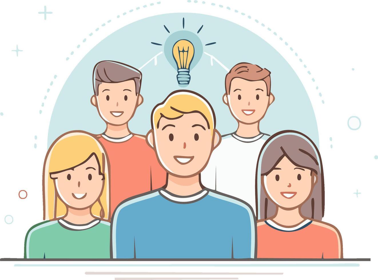 Diverse group of smiling people collaborating to generate innovative ideas with a bright light bulb symbol overhead vector