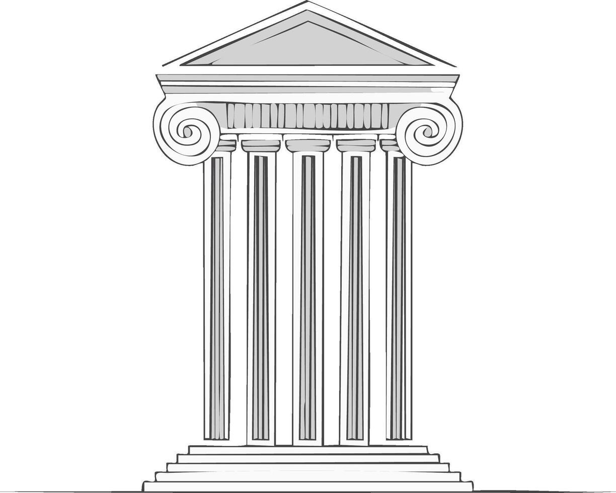 Hand-drawn sketch of a classical Greek temple facade featuring Ionic columns and a pediment vector