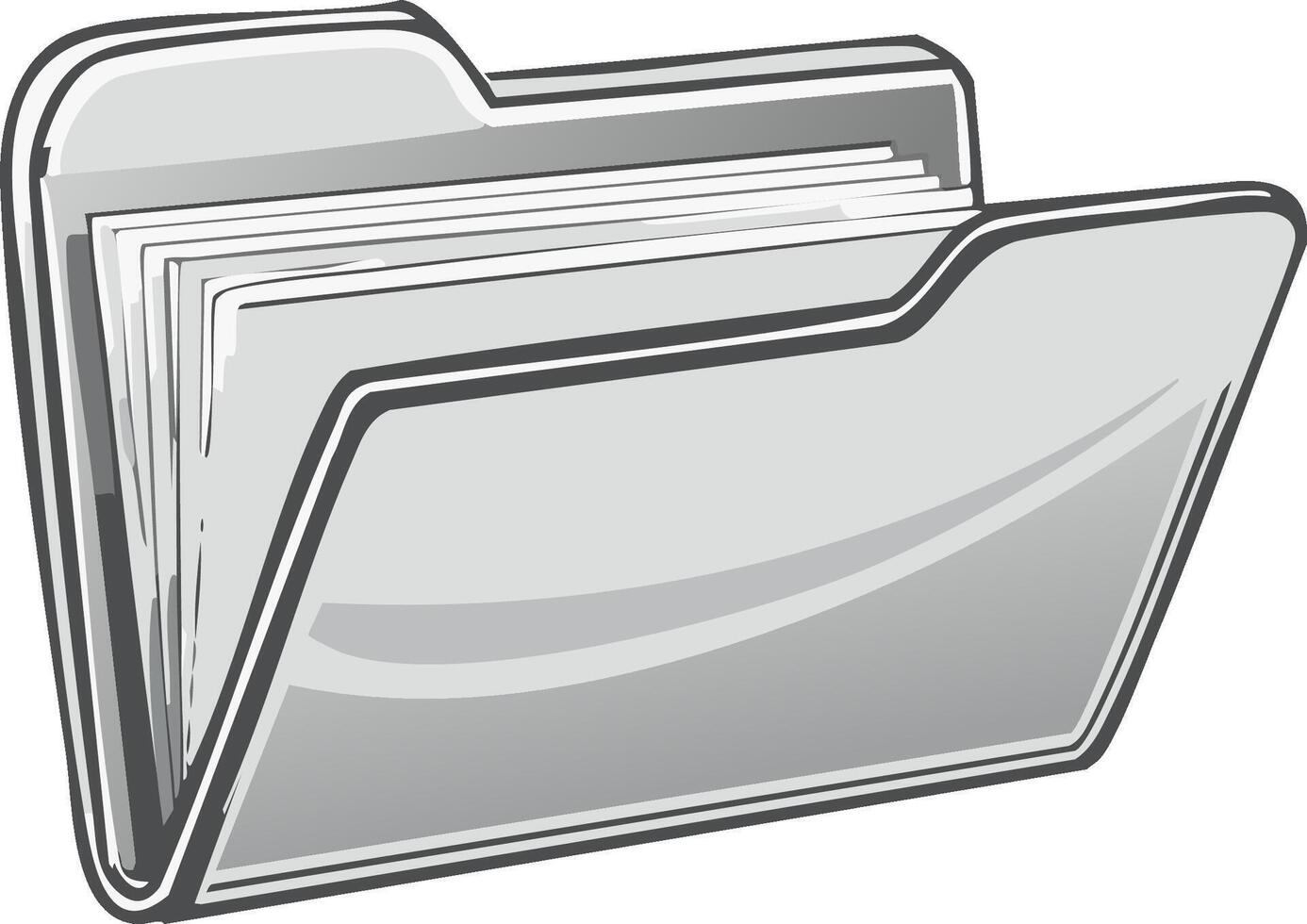 Simple gray open file folder icon filled with documents, symbolizing data, office organization, and record management vector