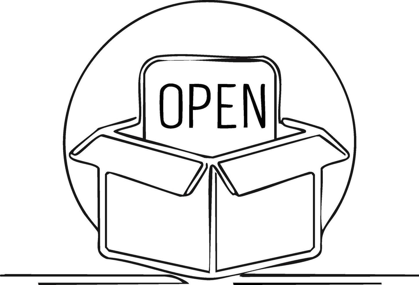 Simple Line Art of an Open Box with 'Open' Text Inside Ready for Your Message vector