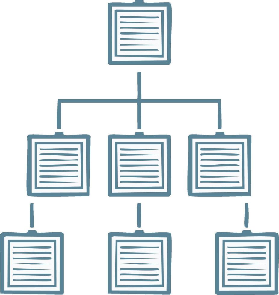 Hand drawn flow chart showing organizational hierarchy with documents and simple tree structure vector