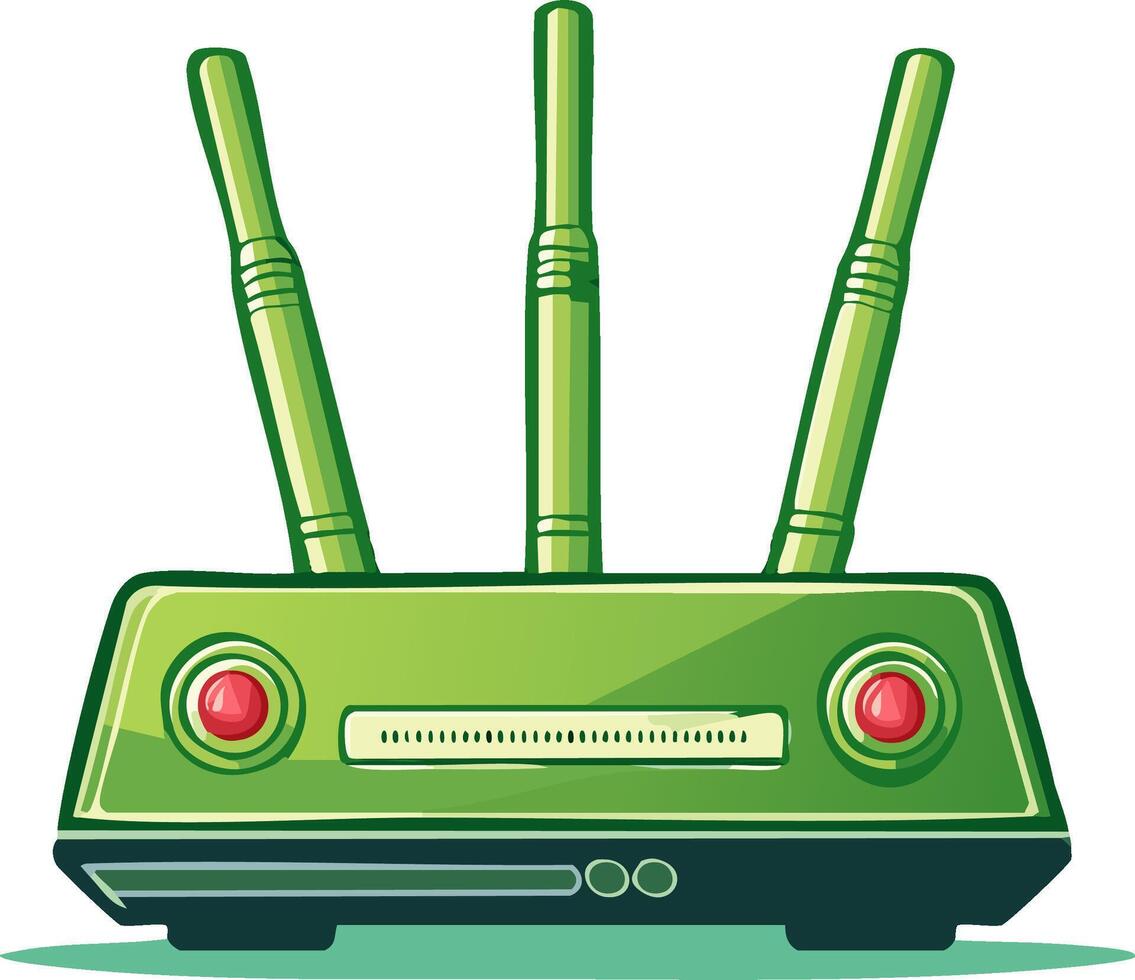 Bright green wireless internet router with three antennas and glowing red indicator lights providing network connection vector