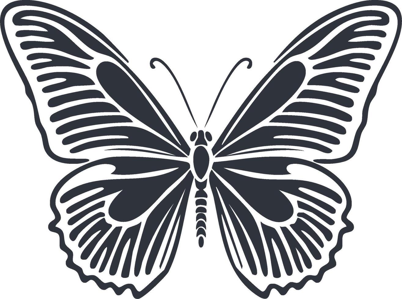 Monochrome illustration depicts a minimalist design of a symmetrical butterfly with intricately patterned wings vector