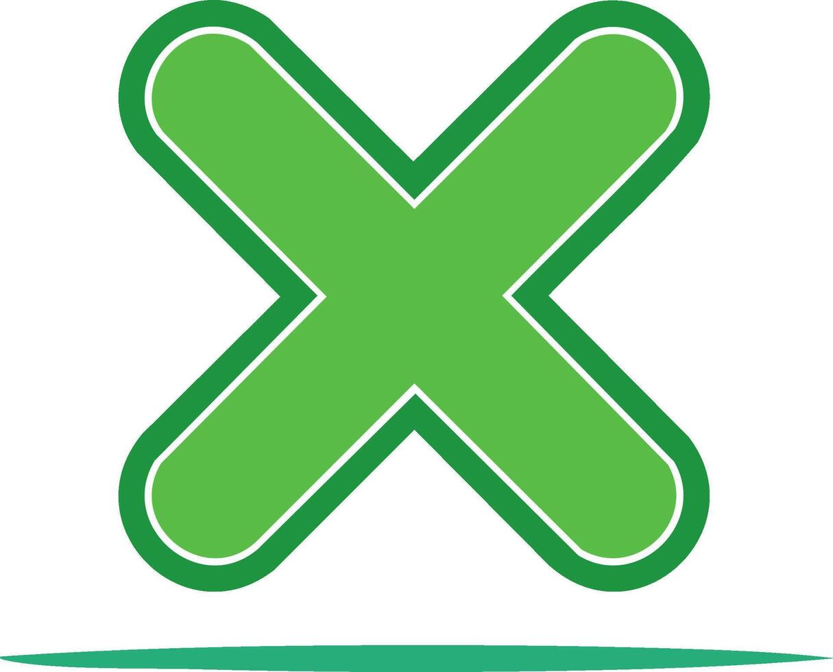Bold green X mark icon with outline and underline, a symbol for wrong answers, closing, or cancellation vector