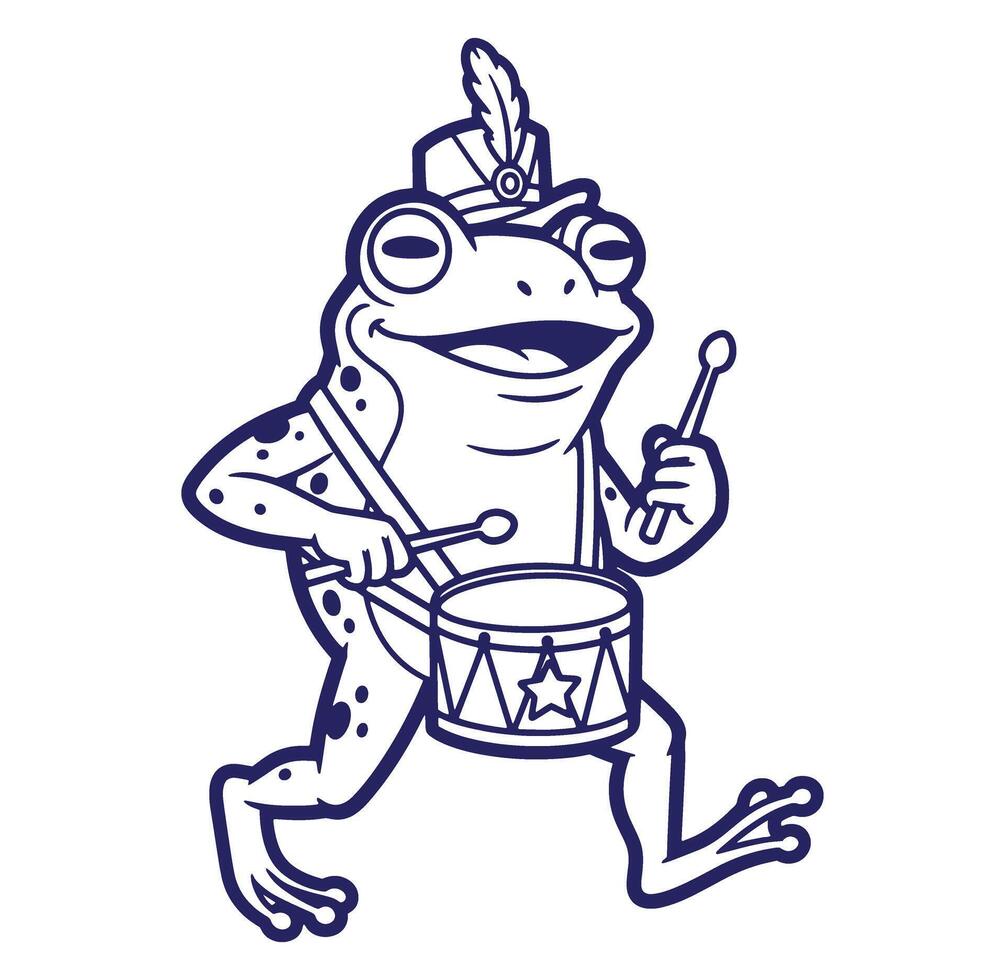 Marching frog character in uniform playing a drum with cheerful expression and attitude vector