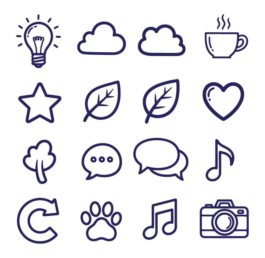 Set of hand drawn outline icons representing various concepts and elements in simple design vector