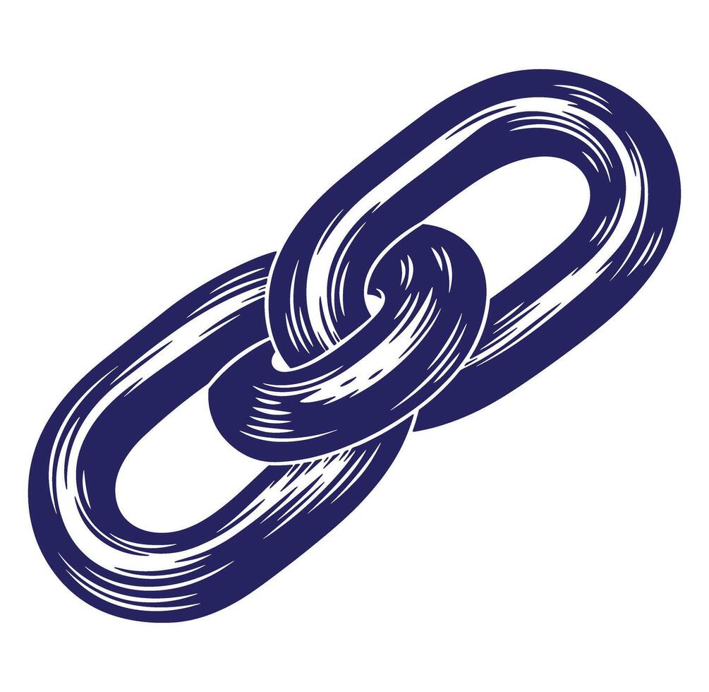 Engraved illustration of two linked chain elements in a bold navy blue color on white background vector
