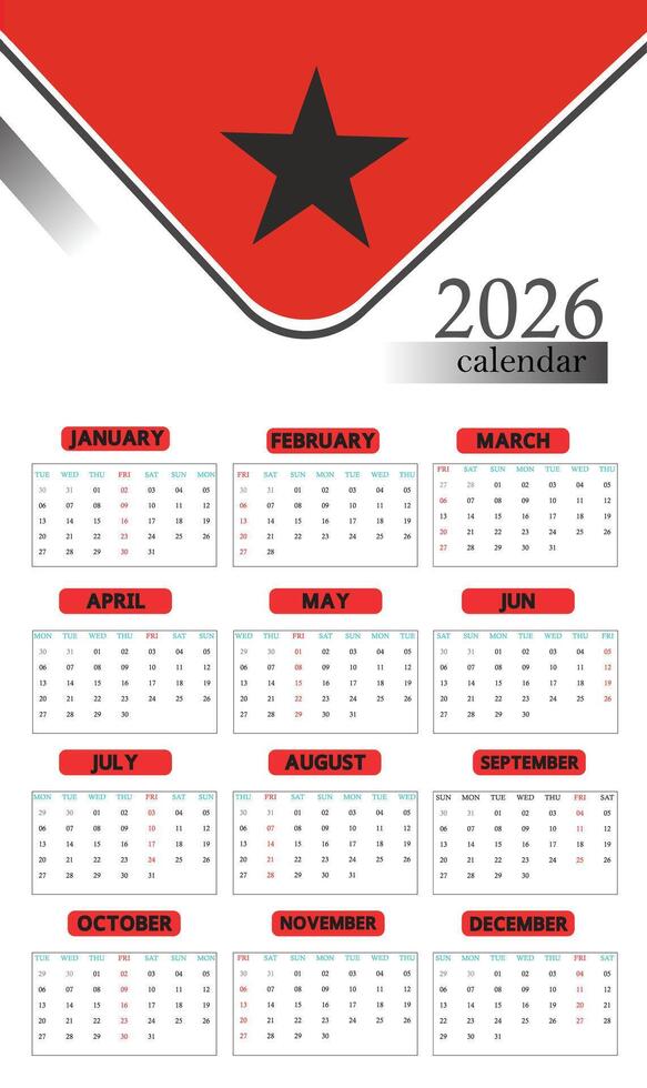 2026 Calendar Featuring a Graphic Design with a Star and Red Color Palette vector
