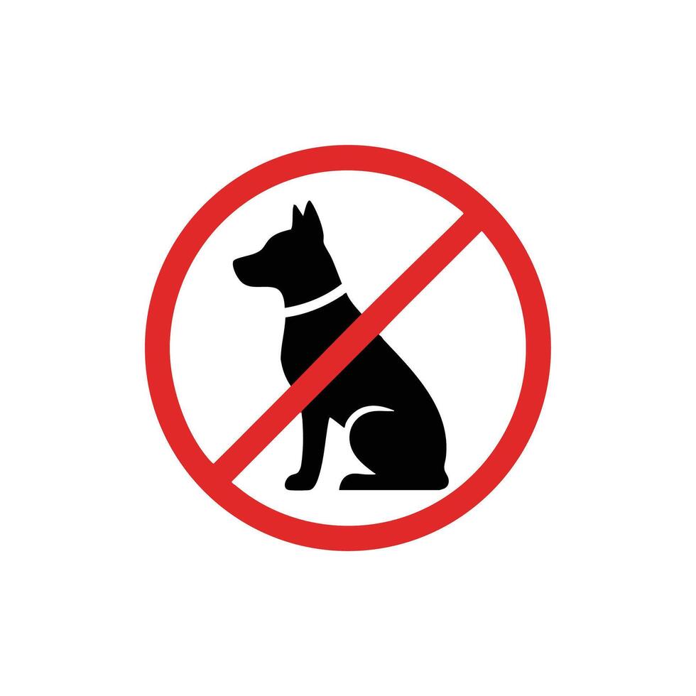 graphic of a 'No Dogs Allowed' sign. A black dog silhouette is enclosed within a red circle with a diagonal line, universally symbolizing pet prohibition in designated areas vector